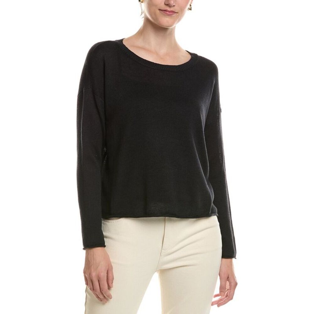 Eileen Fisher Womens  Crew Neck Linen-Blend Sweater, Black